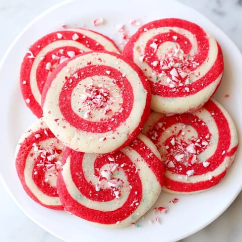 Freshly baked Candy Cane Swirl Cookie Platter; a vibrant display of red and white peppermint cookies on a platter.