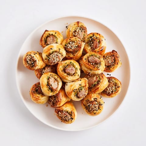 A close-up of a festive and delicious Mini Sausage Roll Half-Circle Wreath, perfect for holiday gatherings.