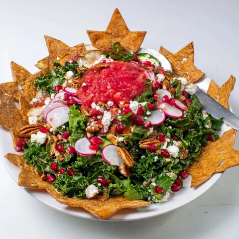 The colorful Winter Salad showcases crispy snowflakes, fresh salsa, and pomegranate seeds for a burst of flavor.