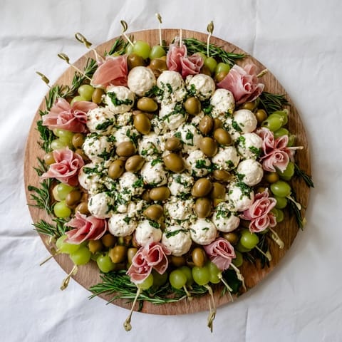 Fresh herbs and glistening grapes adorn a delicious homemade Mistletoe Kissing Ball, ready to serve.