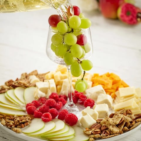 A beautifully arranged Champagne Waterfall Board with fresh fruits, cheese, and nuts, ready to enjoy.