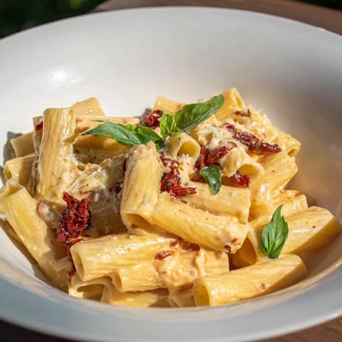 A close-up view of Creamy Sun-Dried Tomato Pasta, offering a flavorful Italian-American delight.