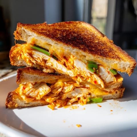 A close-up of a crispy Gochujang Mayo Chicken Sandwich grilled cheese, ready for a delicious bite.