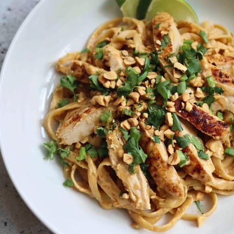 Creamy Thai Peanut Chicken Pasta, a delicious main dish featuring tender chicken and vibrant flavors.