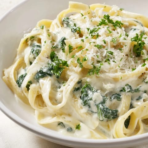 Fresh spinach peeks through the creamy, cheesy sauce, in this beautiful Creamy Spinach Fettuccine Alfredo.