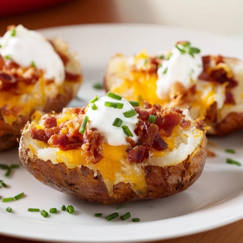 Perfectly browned Loaded Baked Potato Skins with creamy sour cream and fresh chives, ready to enjoy.