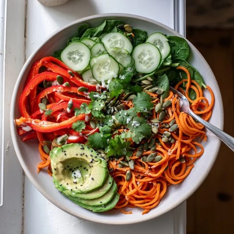 Healthy Carrot Noodle Skincare Bowl with a zesty tahini-lime drizzle and sesame seeds on a rustic table.