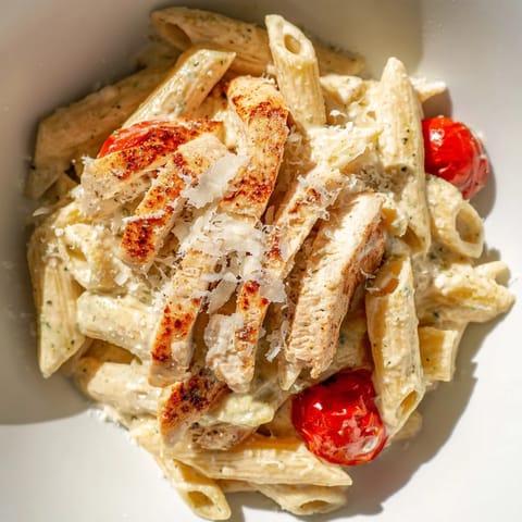 Sliced spicy grilled chicken breast rests atop a vibrant pasta salad garnished with Parmesan and fresh parsley.  