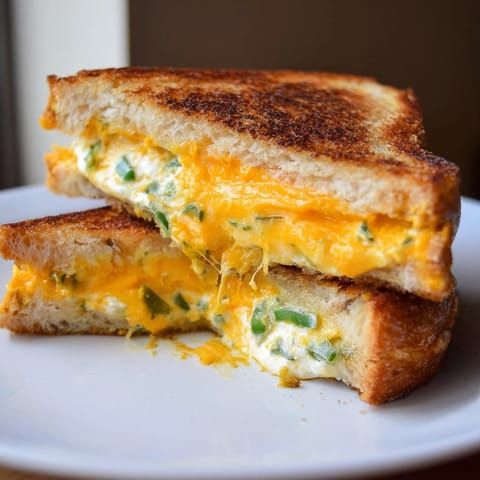 A close-up view of Jalapeño Popper Grilled Cheese highlights the spicy green jalapeño specks embedded in the rich, gooey cheese filling.