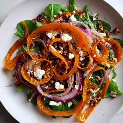 Vibrant orange carrot ribbons roasted to tender perfection are layered over fresh arugula and spinach, dressed lightly with a sweet honey and Dijon vinaigrette.