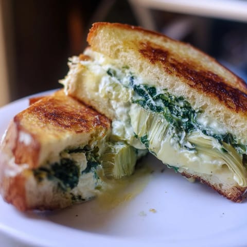 A close-up of a sliced Artichoke Spinach Grilled Cheese, showing melted mozzarella and Monterey Jack filling inside.  