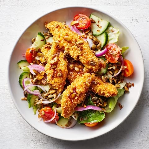 A close-up view of the Crispy Hot Honey Chicken Salad, featuring crunchy roasted seeds, fresh cilantro, and a drizzle of glossy, fiery honey sauce.