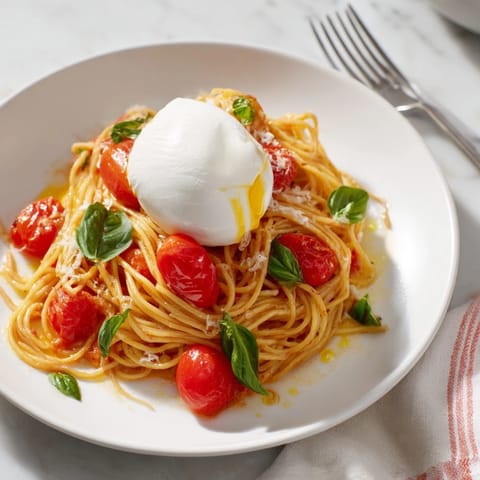 Savory burrata caprese pasta served warm, featuring bright red tomatoes, green basil, and a generous drizzle of olive oil.