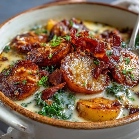 Fried bacon crumbles and red pepper flakes garnish this hearty Italian Sausage Soup.