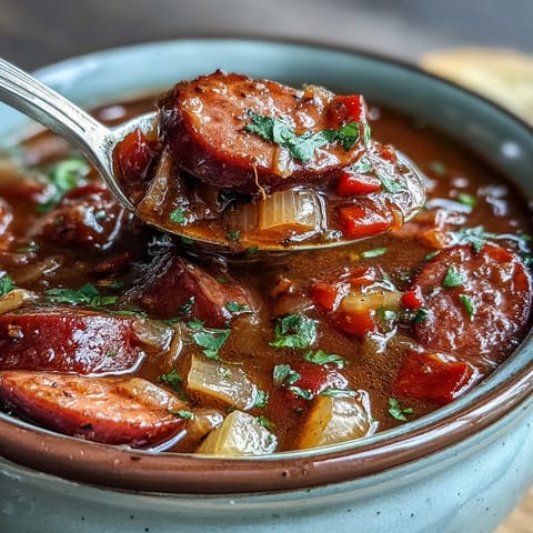 A bowl of Crock Pot BBQ Cocktail Sausage Soup garnished with fresh parsley, served alongside crusty artisan bread for dipping.