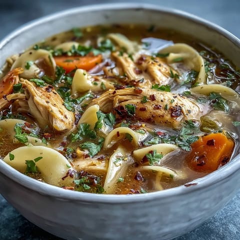 A hearty bowl of Instant Pot Chicken Noodle Soup featuring tender shredded chicken, carrots, and wide egg noodles.