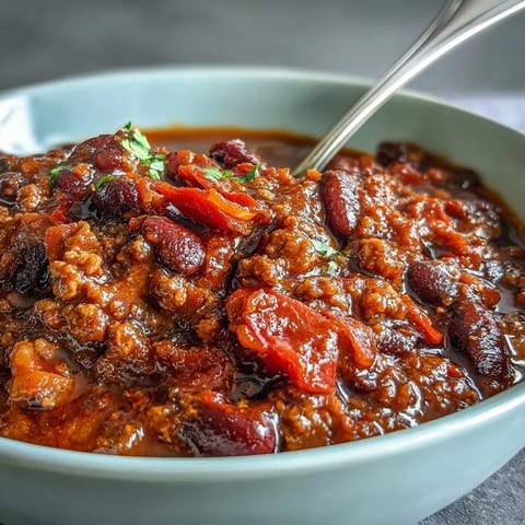 Close-up of thick Slow Cooker Chili with beans and ground beef, steaming in a rustic bowl.