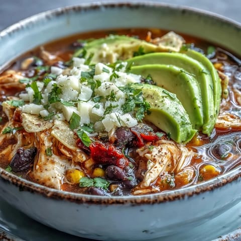 Steam rises from a rich red broth filled with tender chicken, beans, and corn.