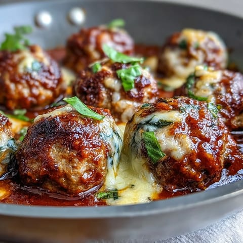 Golden-brown Cheesy, Garlicky Meatballs With Marinara simmering in a rich red sauce, topped with fresh basil and grated Parmesan.