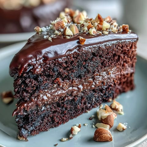 A slice of moist chocolate olive oil cake with glossy ganache and praline shards, served on a white plate.