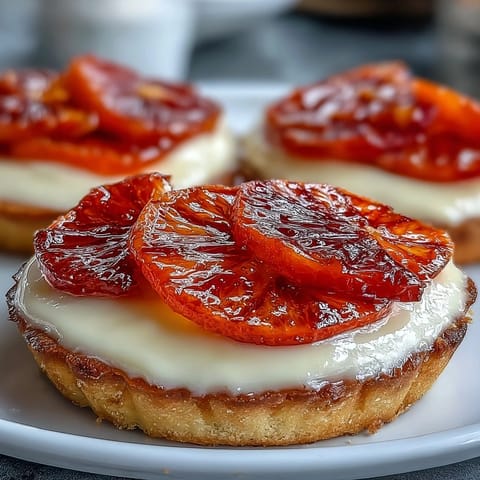 A freshly assembled Blood Orange Tart topped with glossy, overlapping blood orange slices, ready to slice and serve.