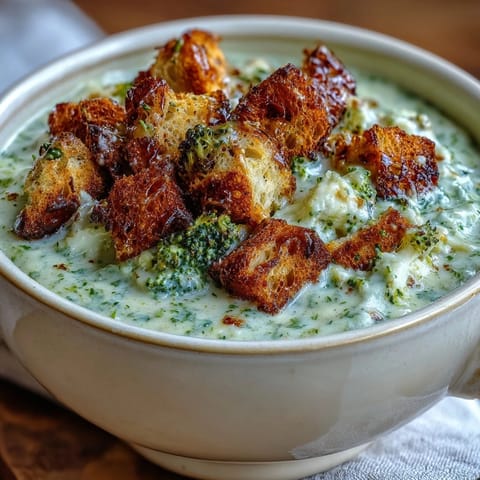 Creamy Cauliflower and Broccoli Soup served steaming hot in a rustic bowl, topped with golden, crunchy homemade croutons for texture.