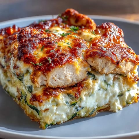 Freshly baked High Protein Chicken Zucchini Casserole featuring golden-seared chicken, tender zucchini layers, and bubbly mozzarella cheese.