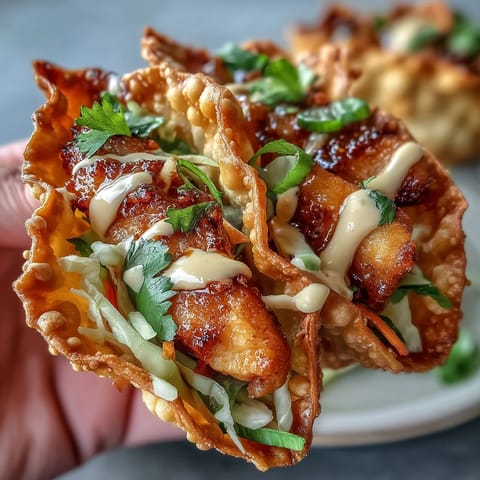 Golden, crunchy wonton taco shells filled with ginger-marinated chicken, tangy slaw, and drizzled with creamy sriracha mayo.
