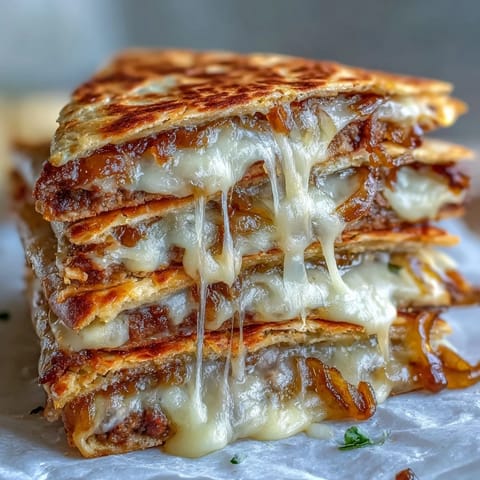 Golden-brown Cheesy Griddled Smashburger Quesadillas sliced into wedges, revealing melted cheddar and American cheese layered over crispy smashburger patties with sweet onions.