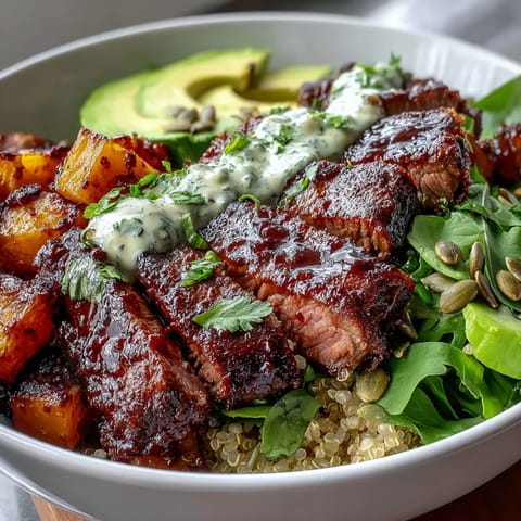 Butternut Squash Steak Bowls with tender roasted squash, smoky steak, and fluffy quinoa, drizzled with bright lime-cilantro dressing.