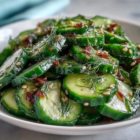 Cool cucumbers are tossed in a tangy vinegar dressing and topped with sesame seeds in this side dish.