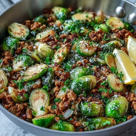 Golden-brown Brussels sprouts and savory ground turkey sizzle in a skillet, topped with fresh parsley and Parmesan cheese.