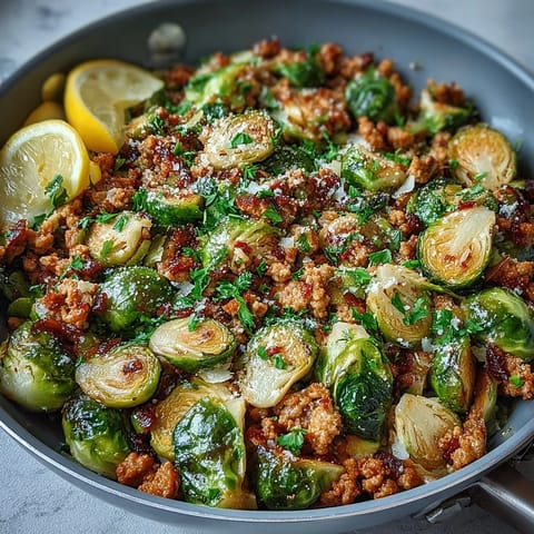 Garlic-infused Brussels sprouts and ground turkey mingle in a skillet, brightened with lemon juice and ready for a hearty dinner.