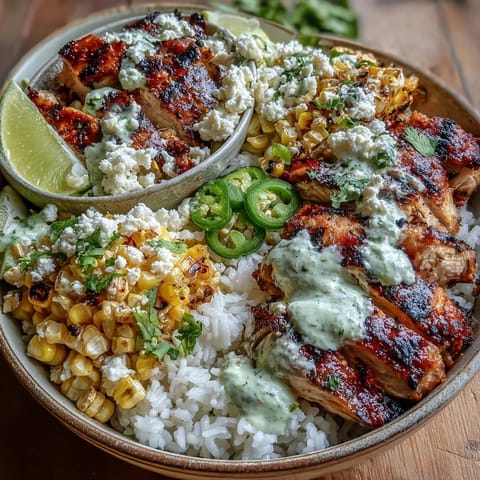 A close-up of Street Corn Chicken and Rice Bowls featuring juicy sliced chicken, fluffy cilantro-lime rice, and charred corn topped with crema.