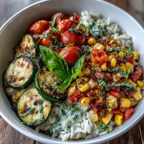 Summer Vegetable Bowl served over fluffy rice, featuring sautéed zucchini, tomatoes, corn, and bell peppers topped with fresh basil.