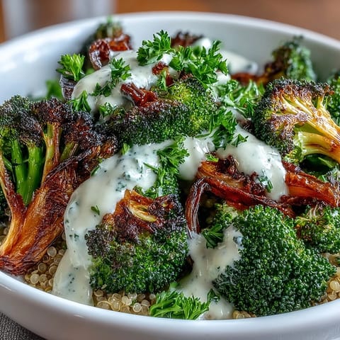 Crispy roasted broccoli florets and caramelized red onions crown fluffy quinoa, finished with sesame seeds and fresh parsley.