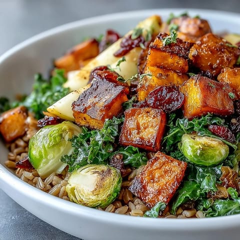 Roasted butternut squash, Brussels sprouts, and kale are served over hearty farro in this nourishing Fall Vegetable Bowl, topped with sliced apples.