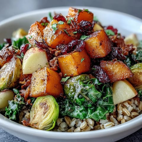 A vibrant Fall Vegetable Bowl featuring golden roasted squash, green Brussels sprouts, and apple slices, garnished with cranberries and pepitas on a rustic table.