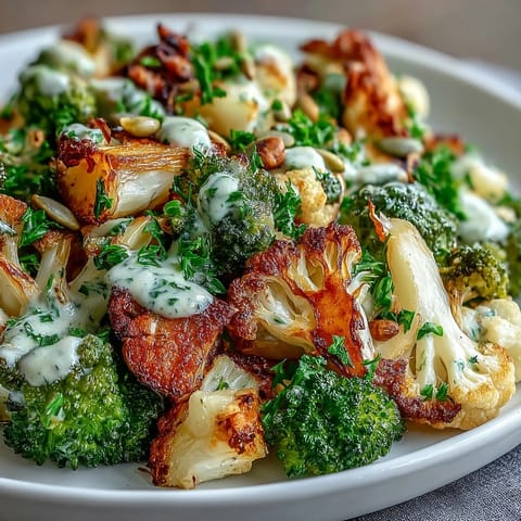 Roasted Brassica Bowl with golden broccoli, cauliflower, and Brussels sprouts served over fluffy quinoa and drizzled with creamy lemon tahini dressing.