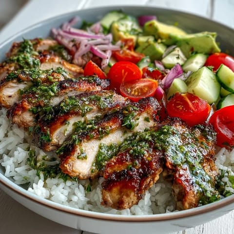 Juicy chimichurri chicken slices rest on fluffy rice with tomatoes, cucumbers, and avocado, ready to serve.