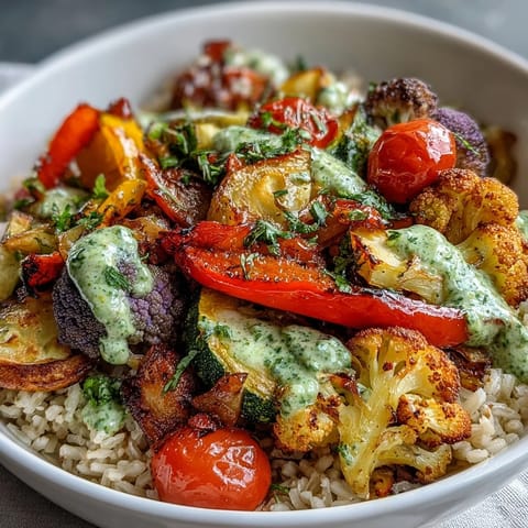 A close-up view of the Rainbow Roasted Vegetable Bowl, featuring glossy, caramelized red peppers and tender broccoli over fluffy brown rice.
