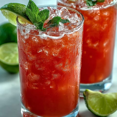 Two glasses of vibrant pink guava nectar drink over ice, perfect for cooling down on a hot summer day.