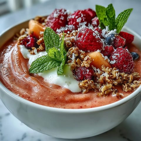 Creamy, blended guava and mango smoothie bowl topped with granola, coconut flakes, and fresh berries.
