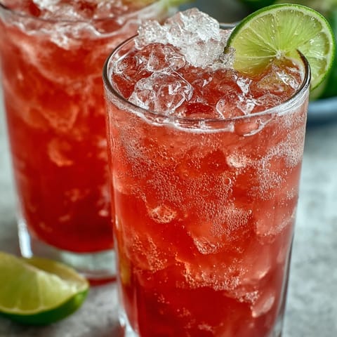 Vibrant guava juice with sparkling water, poured over ice cubes and garnished with fresh lime slices.