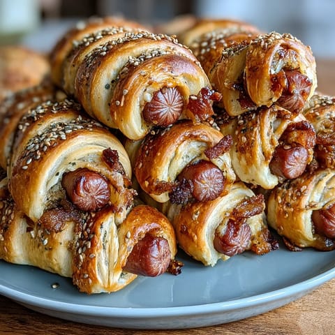 Golden crescent roll dough wrapped around mini hot dogs, baked until puffed and golden, perfect for game day snacks.