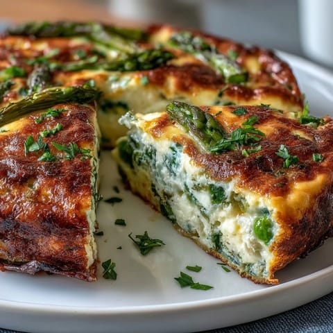 Spring Frittata with Asparagus, Peas and Goat Cheese: a vibrant skillet dish with tender vegetables, creamy cheese, and fresh herbs.