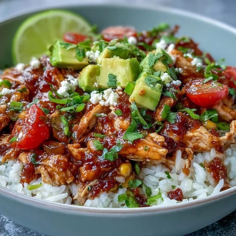 Vibrant salsa chicken bowls with tender shredded chicken, rice, black beans, and fresh avocado slices.  