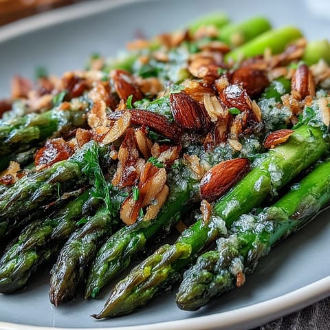 Bright asparagus spears sautéed in lemon butter, topped with toasted almonds for a fresh, elegant side dish.