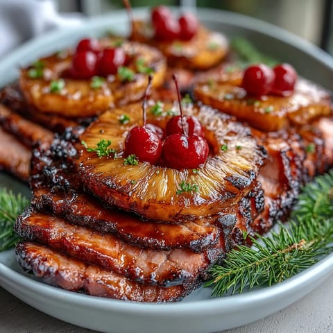 Succulent baked ham topped with caramelized pineapple slices and maraschino cherries, brushed with a honey-mustard glaze, ready to carve for Easter dinner.