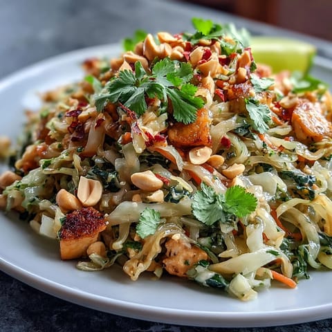 Cabbage Pad Thai with shredded cabbage, carrots, and bell peppers in a tangy-sweet sauce, topped with peanuts and lime wedges for a fresh crunch.  